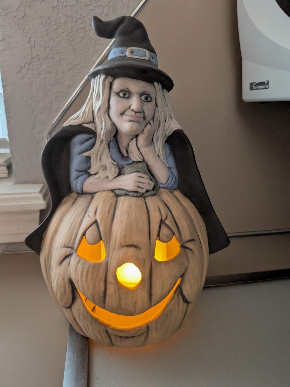 10" Vintage Hand Painted Ceramic Halloween Witch Pumpkin Candle Cover Decor